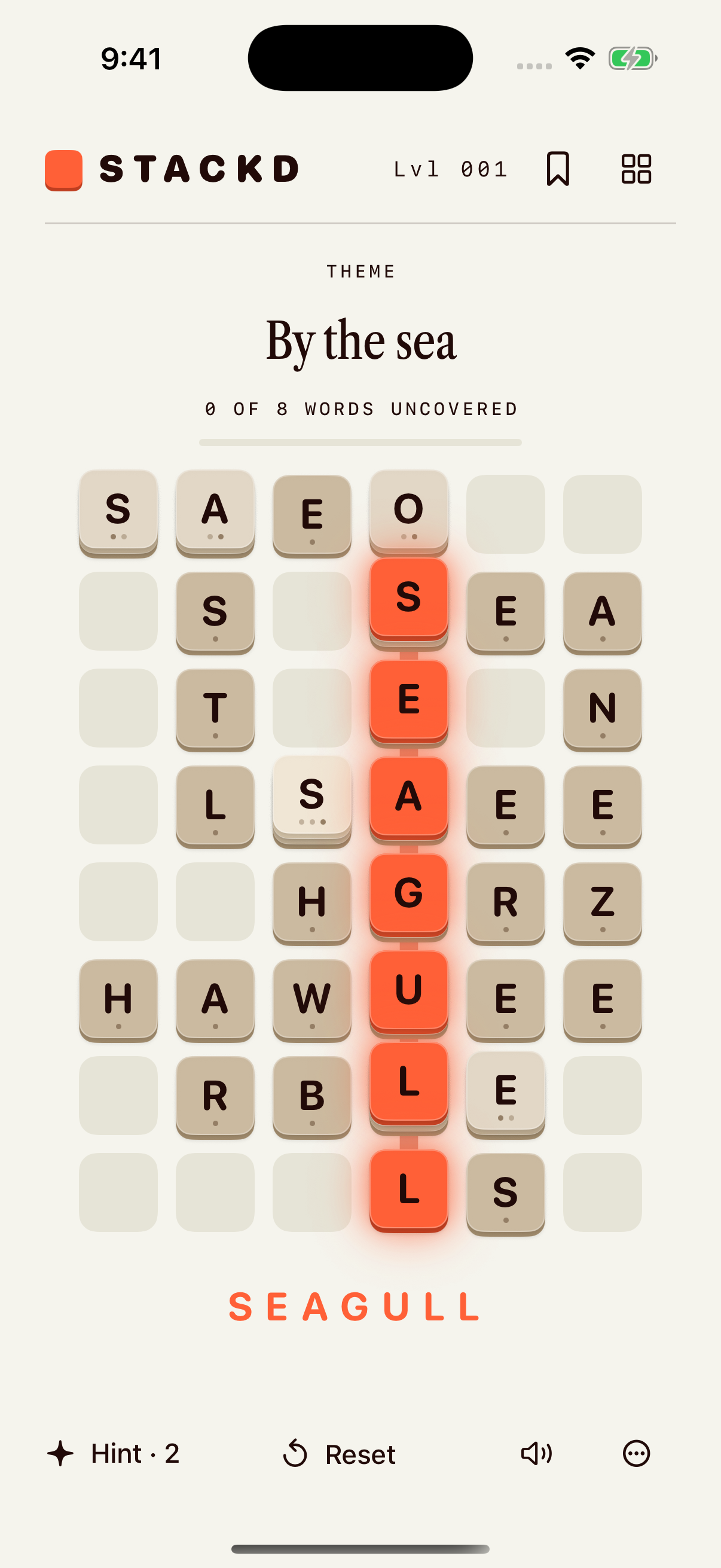 STACKD in light mode: SEAGULL highlighted in orange during a normal drag gesture in the By the sea puzzle